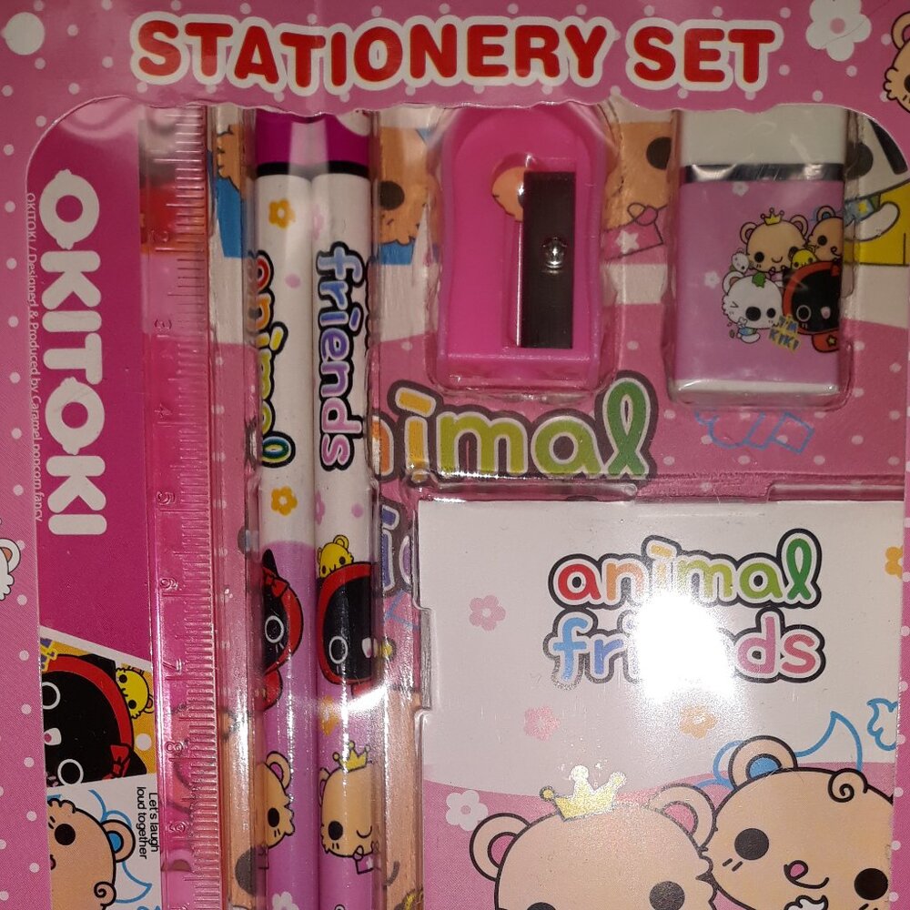 CUTE OKITOKI Child Stationery Set -Ruler, 2 Pencils,Pad, Sharpener,Eraser NWT